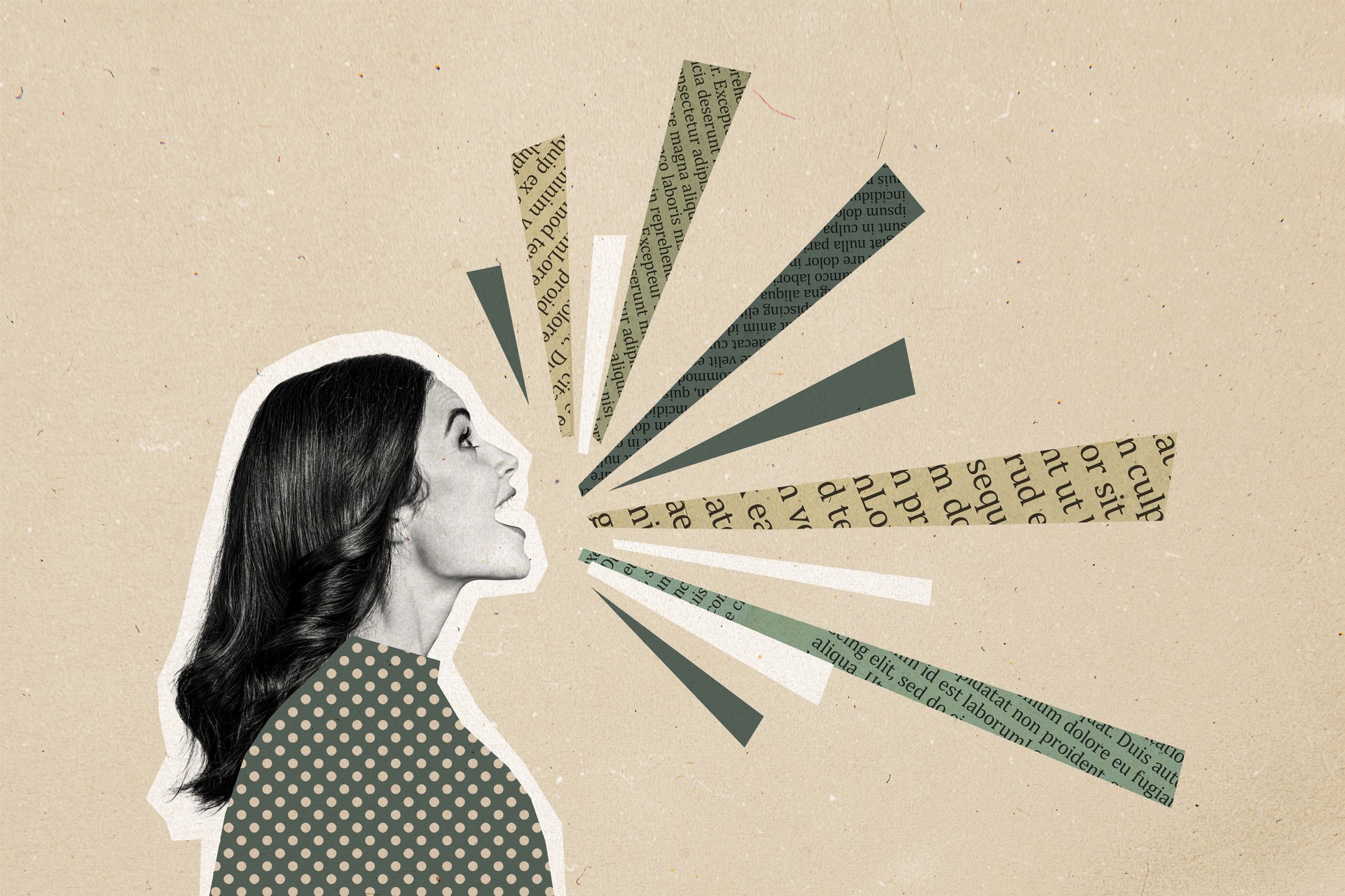 Composite photo collage of excited girl speech text lines communication wonder concept phrase isolated on painted background